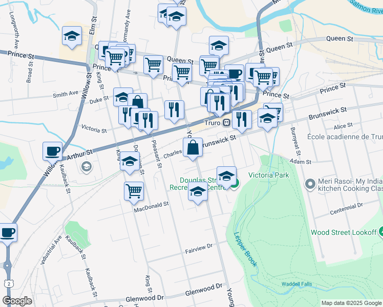 map of restaurants, bars, coffee shops, grocery stores, and more near 108 Young Street in Truro