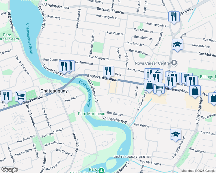 map of restaurants, bars, coffee shops, grocery stores, and more near 3 1re Avenue in Châteauguay