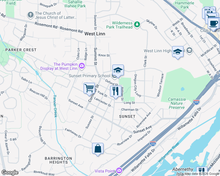 map of restaurants, bars, coffee shops, grocery stores, and more near 2573 Cambridge Street in West Linn