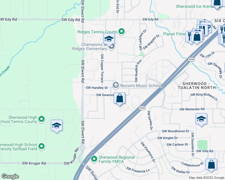 map of restaurants, bars, coffee shops, grocery stores, and more near 22044 List Place in Sherwood