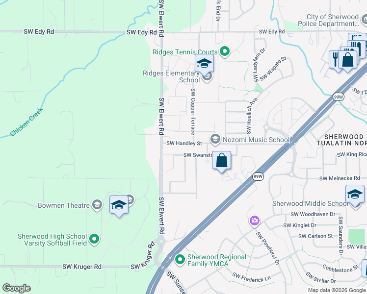 map of restaurants, bars, coffee shops, grocery stores, and more near 18298 Southwest Handley Street in Sherwood