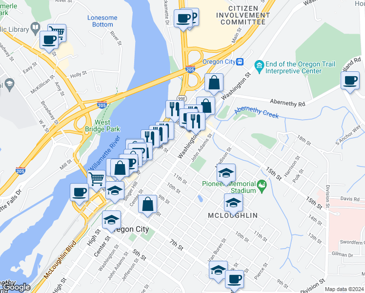 map of restaurants, bars, coffee shops, grocery stores, and more near 603 12th Street in Oregon City