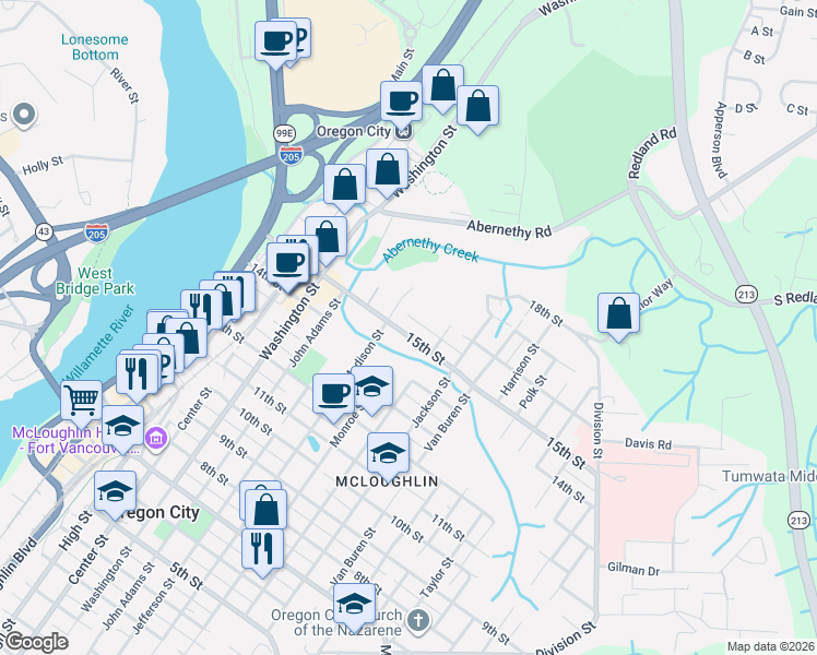 map of restaurants, bars, coffee shops, grocery stores, and more near 911 15th Street in Oregon City