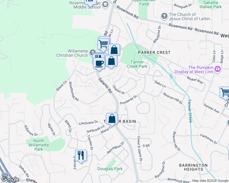 map of restaurants, bars, coffee shops, grocery stores, and more near 3488 Chelan Drive in West Linn