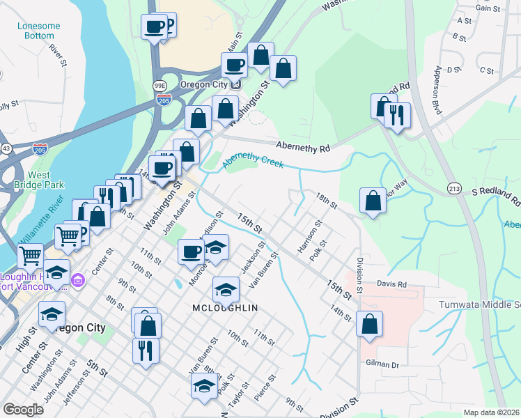 map of restaurants, bars, coffee shops, grocery stores, and more near 1511 Jq Adams Street in Oregon City