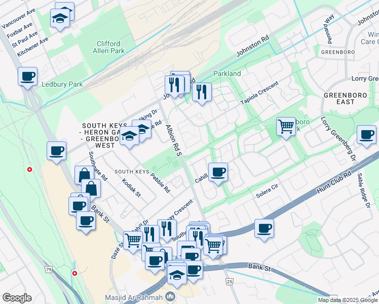 map of restaurants, bars, coffee shops, grocery stores, and more near 60 Greenboro Crescent in Ottawa