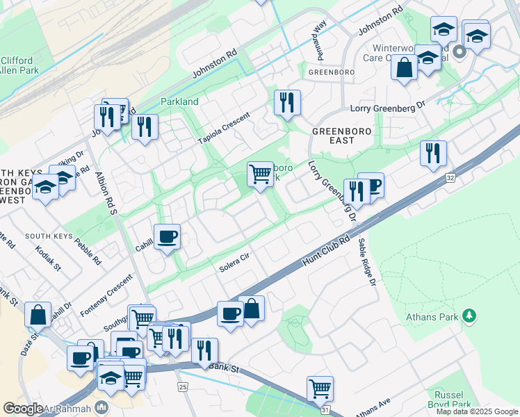 map of restaurants, bars, coffee shops, grocery stores, and more near 65 Ashpark Crescent in Ottawa