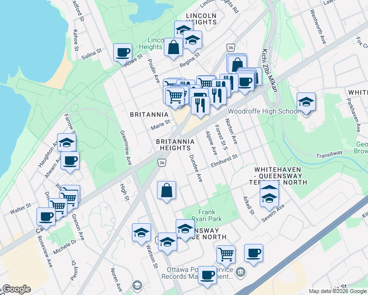 map of restaurants, bars, coffee shops, grocery stores, and more near 801 Dundee Avenue in Ottawa