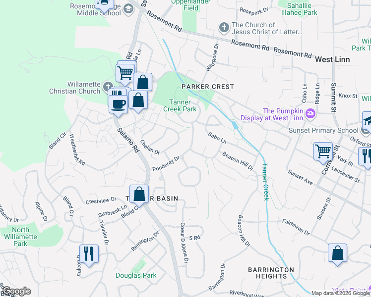 map of restaurants, bars, coffee shops, grocery stores, and more near 22515 Ponderay Drive in West Linn