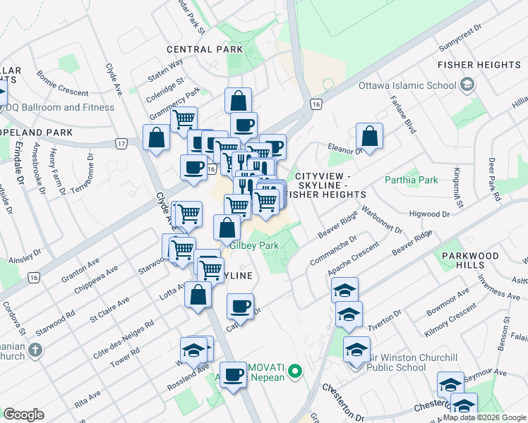 map of restaurants, bars, coffee shops, grocery stores, and more near 1465 Merivale Road in Ottawa