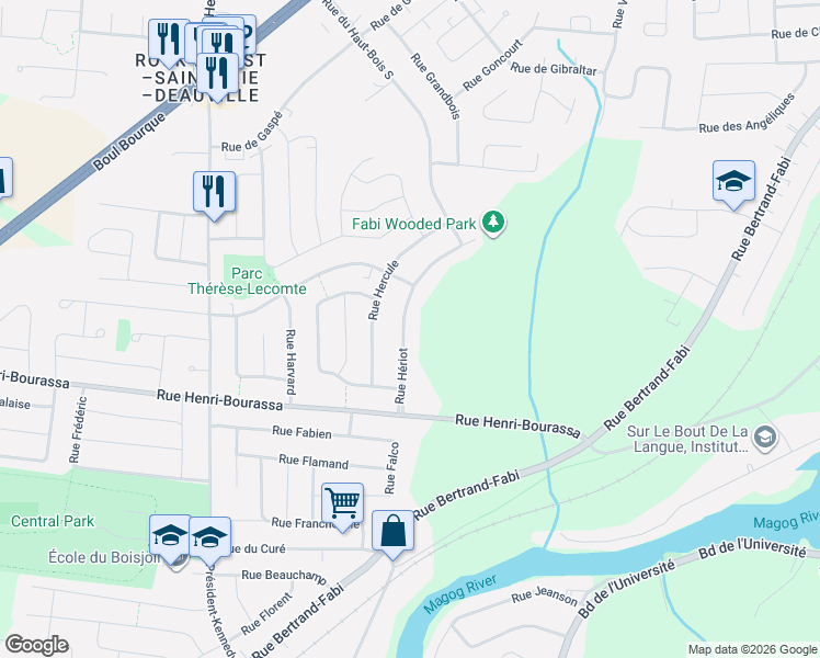 map of restaurants, bars, coffee shops, grocery stores, and more near 5606 Rue Hériot in Sherbrooke
