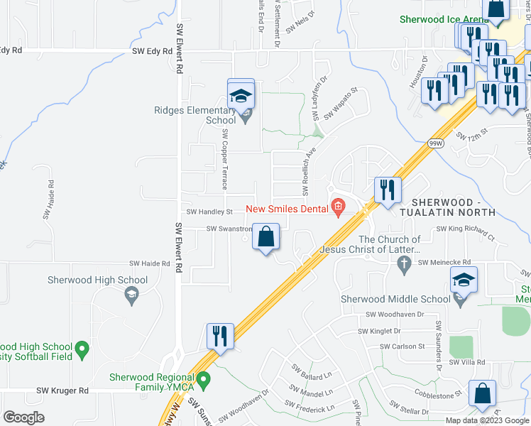 map of restaurants, bars, coffee shops, grocery stores, and more near 17999 Southwest Handley Street in Sherwood