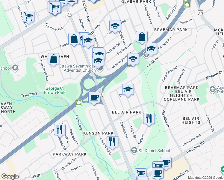 map of restaurants, bars, coffee shops, grocery stores, and more near 2191 Bel-Air Drive in Ottawa