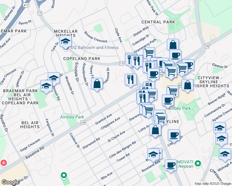 map of restaurants, bars, coffee shops, grocery stores, and more near 1485 Baseline Road in Ottawa