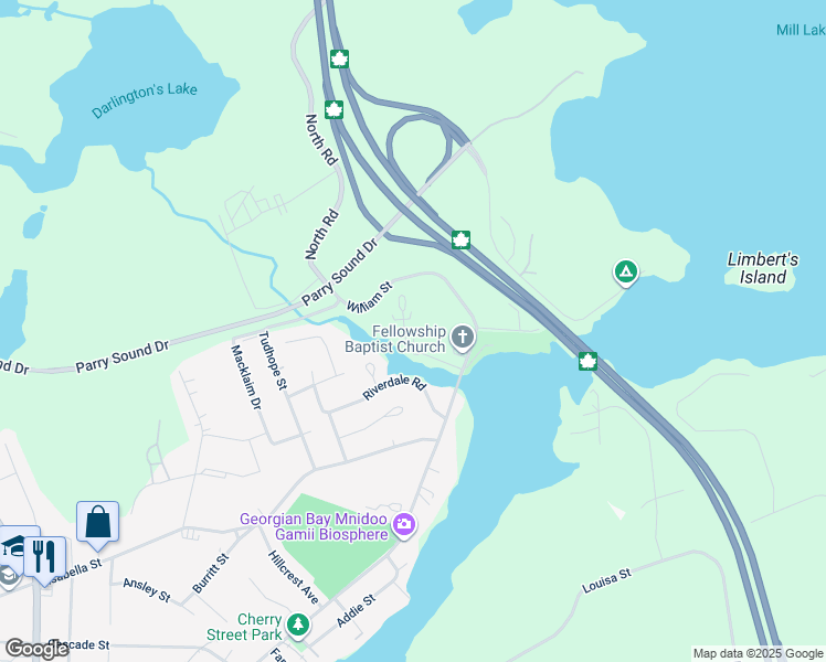 map of restaurants, bars, coffee shops, grocery stores, and more near 20a Silver Birch Court in Parry Sound