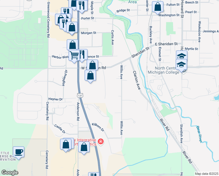 map of restaurants, bars, coffee shops, grocery stores, and more near 1301 Crestview Drive in Petoskey