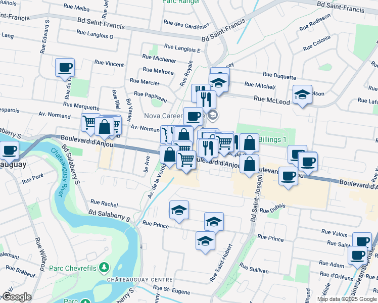 map of restaurants, bars, coffee shops, grocery stores, and more near 77 Boulevard D'Anjou in Châteauguay
