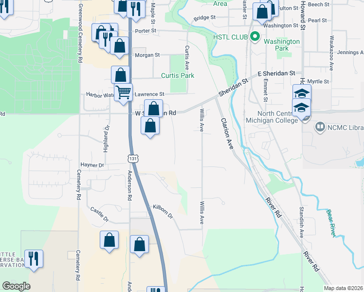 map of restaurants, bars, coffee shops, grocery stores, and more near 1401 Crestview Drive in Petoskey