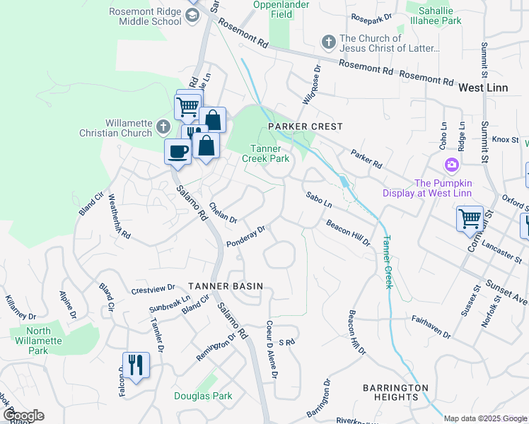 map of restaurants, bars, coffee shops, grocery stores, and more near 3456 Chelan Drive in West Linn
