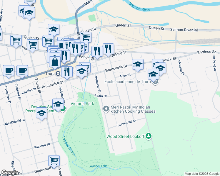 map of restaurants, bars, coffee shops, grocery stores, and more near 41 Archibald Street in Truro
