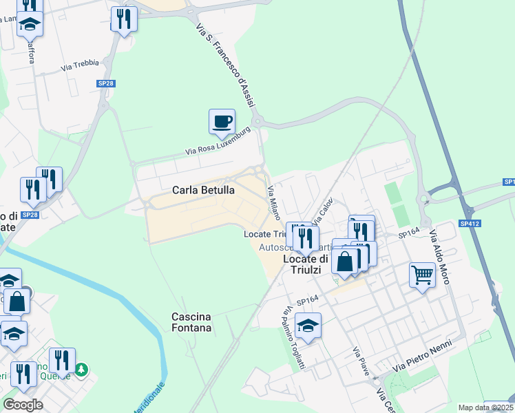 map of restaurants, bars, coffee shops, grocery stores, and more near 5 Via Milano in Milano
