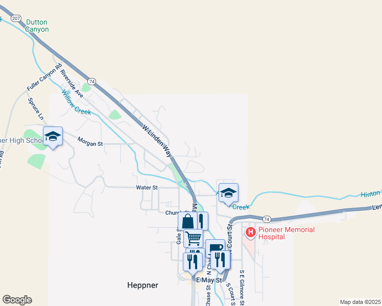 map of restaurants, bars, coffee shops, grocery stores, and more near 235 West Linden Way in Heppner