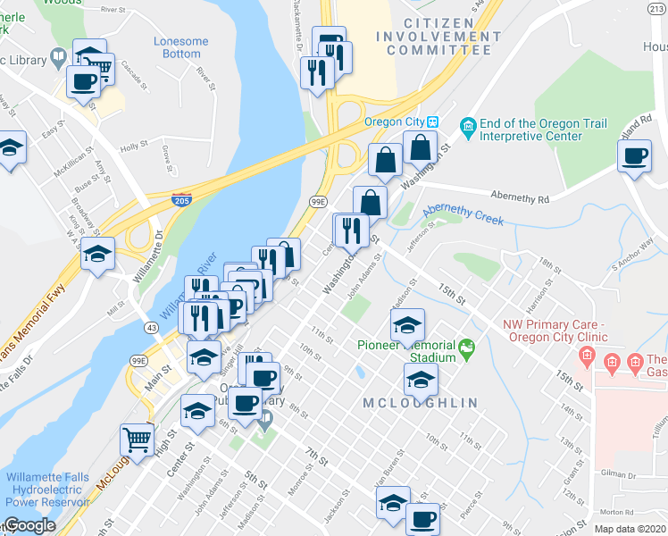 map of restaurants, bars, coffee shops, grocery stores, and more near 220 14th Street in Oregon City