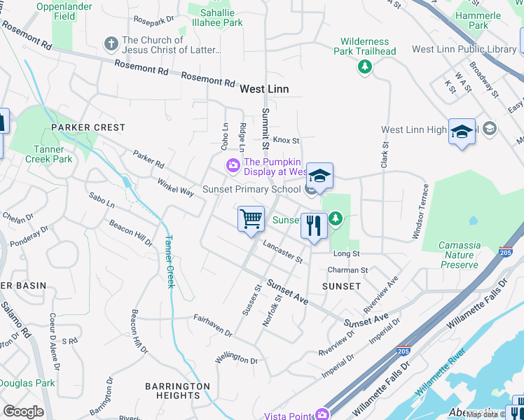 map of restaurants, bars, coffee shops, grocery stores, and more near 2809 Cambridge Street in West Linn