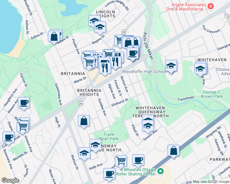 map of restaurants, bars, coffee shops, grocery stores, and more near 827 Forest Street South in Ottawa