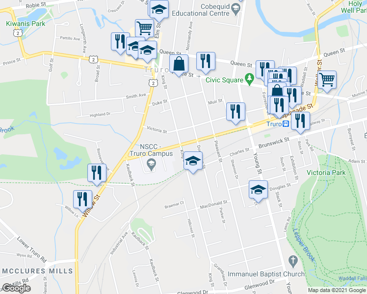 map of restaurants, bars, coffee shops, grocery stores, and more near 94 Arthur Street in Truro