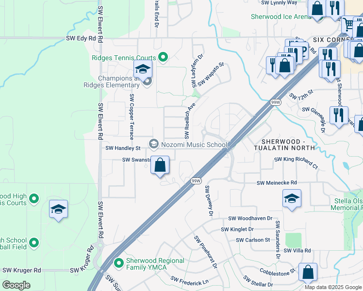 map of restaurants, bars, coffee shops, grocery stores, and more near 17831 Southwest Cereghino Lane in Sherwood