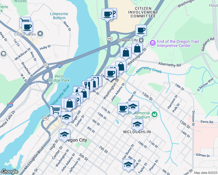 map of restaurants, bars, coffee shops, grocery stores, and more near 220 14th Street in Oregon City