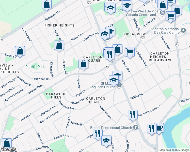 map of restaurants, bars, coffee shops, grocery stores, and more near 1150 Meadowlands Drive East in Ottawa