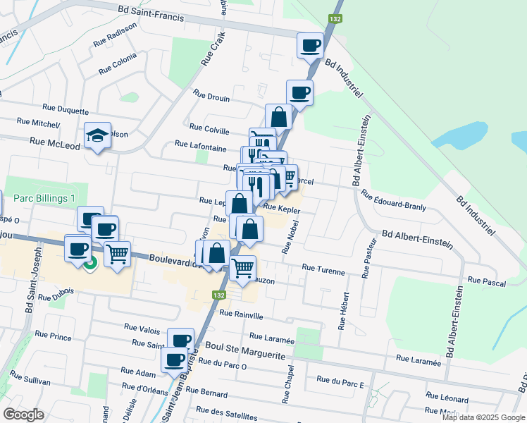 map of restaurants, bars, coffee shops, grocery stores, and more near 88 Boulevard Saint-Jean-Baptiste in Châteauguay