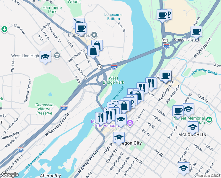 map of restaurants, bars, coffee shops, grocery stores, and more near 5099-5081 Territorial Drive in West Linn