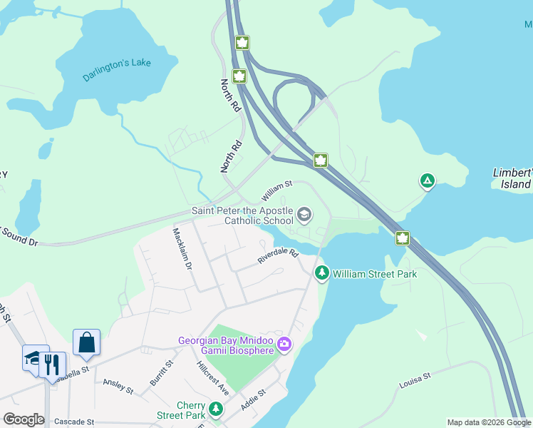 map of restaurants, bars, coffee shops, grocery stores, and more near 20D Silver Birch Court in Parry Sound