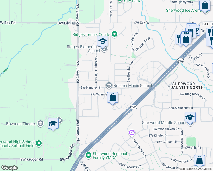 map of restaurants, bars, coffee shops, grocery stores, and more near 18067 Southwest Handley Street in Sherwood