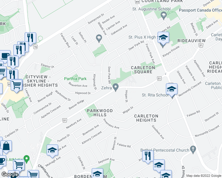 map of restaurants, bars, coffee shops, grocery stores, and more near 1197 Deer Park Road in Ottawa