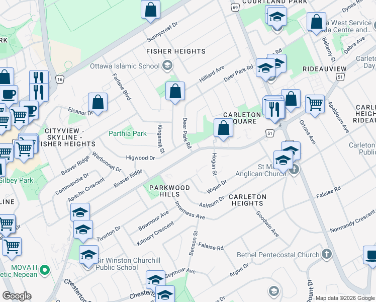 map of restaurants, bars, coffee shops, grocery stores, and more near in Ottawa