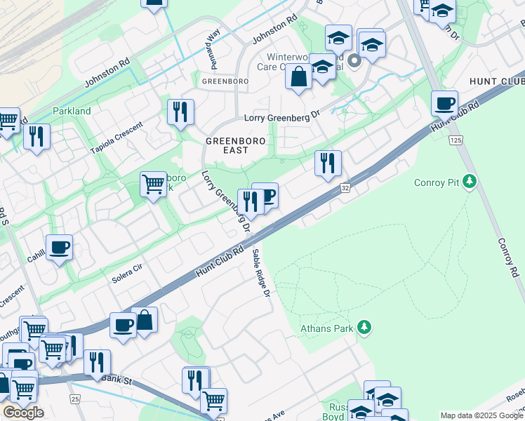 map of restaurants, bars, coffee shops, grocery stores, and more near 29 Heartleaf Private in Ottawa