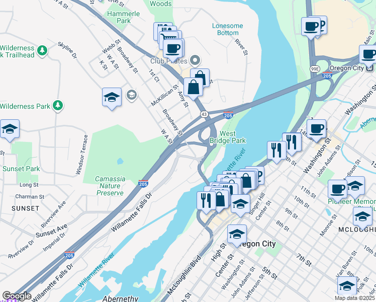 map of restaurants, bars, coffee shops, grocery stores, and more near 5030 Broadway Street in West Linn