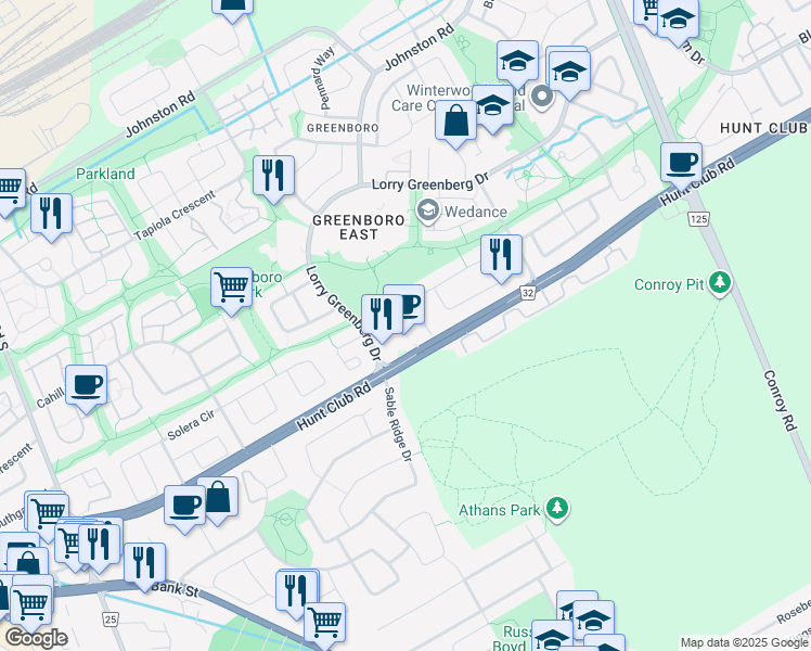 map of restaurants, bars, coffee shops, grocery stores, and more near 35 Heartleaf Private in Ottawa