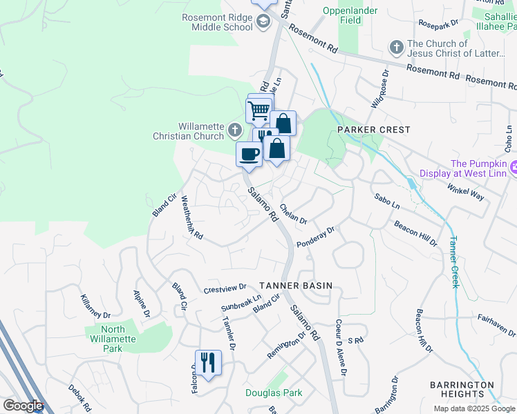 map of restaurants, bars, coffee shops, grocery stores, and more near 22235 Chelan Loop in West Linn
