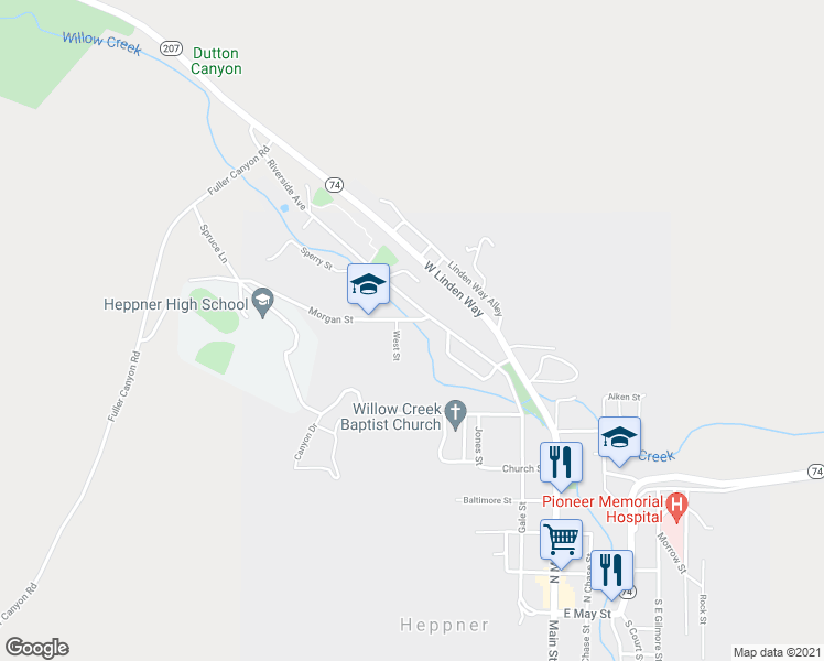 map of restaurants, bars, coffee shops, grocery stores, and more near 458 Morgan Street in Heppner