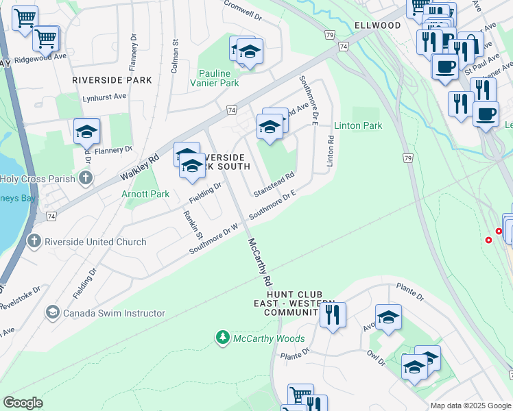 map of restaurants, bars, coffee shops, grocery stores, and more near 3128 Southmore Drive East in Ottawa