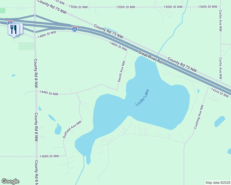 map of restaurants, bars, coffee shops, grocery stores, and more near 3489 144th Street Northwest in Monticello