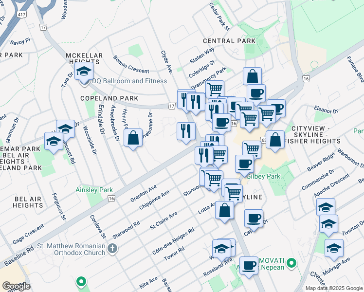 map of restaurants, bars, coffee shops, grocery stores, and more near in Ottawa