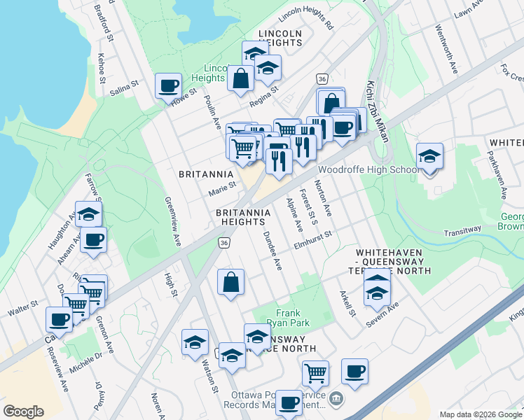 map of restaurants, bars, coffee shops, grocery stores, and more near 801 Dundee Avenue in Ottawa