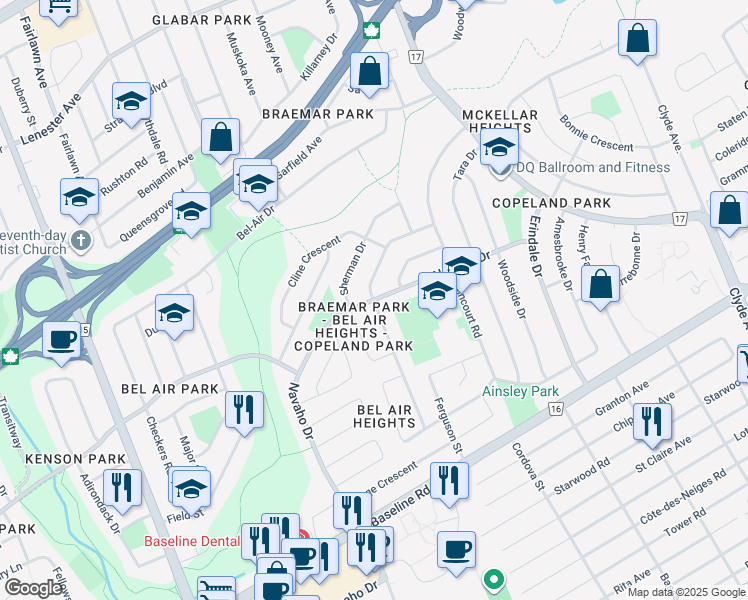map of restaurants, bars, coffee shops, grocery stores, and more near 1990 Navaho Drive in Ottawa