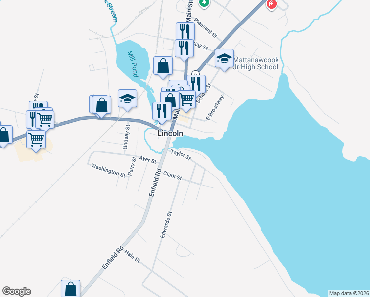 map of restaurants, bars, coffee shops, grocery stores, and more near 4 Mattanawcook Street in Lincoln